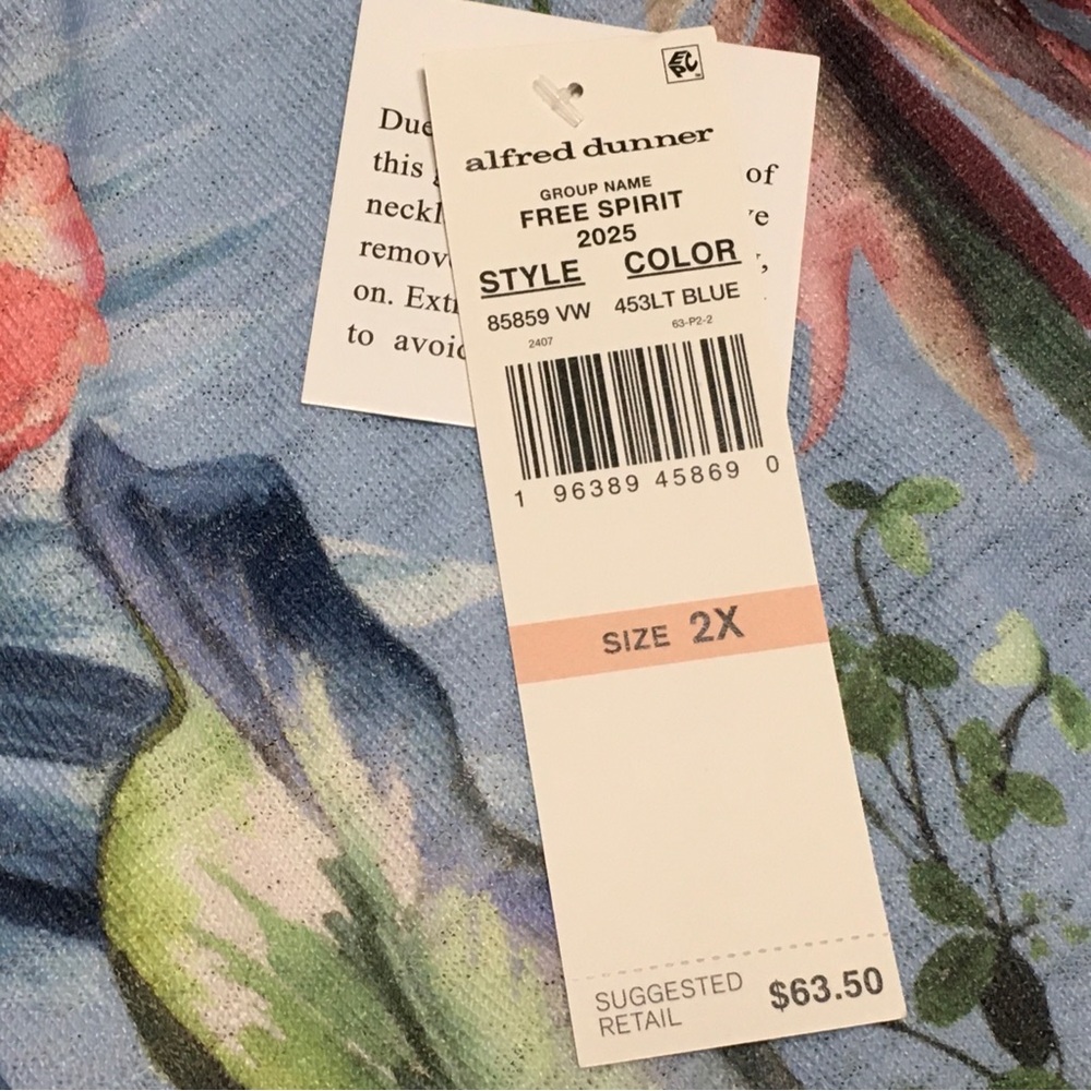 Alfred Dunner Woman Size 2X Blue Floral 3/4 Sleeve with Detachable Necklace 2025 - Picture 5 of 9